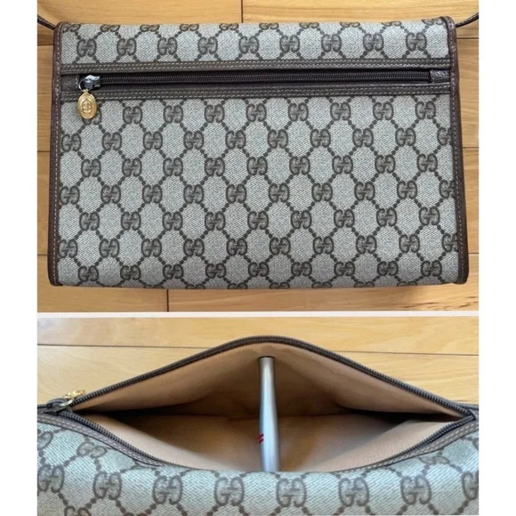 Authentic Vintage Gucci Brown Monogram Canvas Leather Flap Crossbody Clutch Bag - Picture 3 of 12